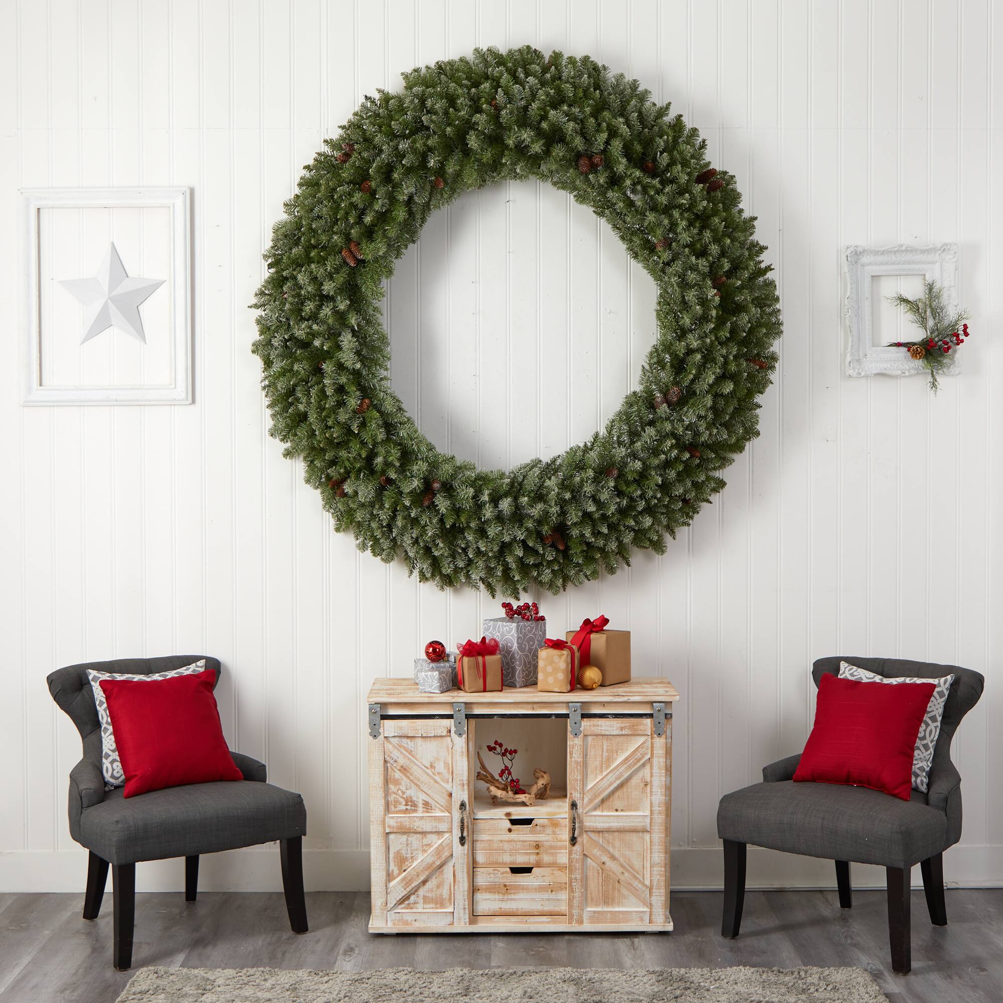 6ft. Clear LED Lights Flocked Artificial Christmas Wreath With Pinecones
